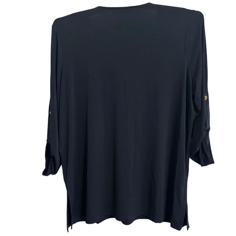 Michael Kors Womens 1X Navy Lace-Up Blouse Metalic Gold Accents Roll Tab Sleeve - Picture 2 of 11